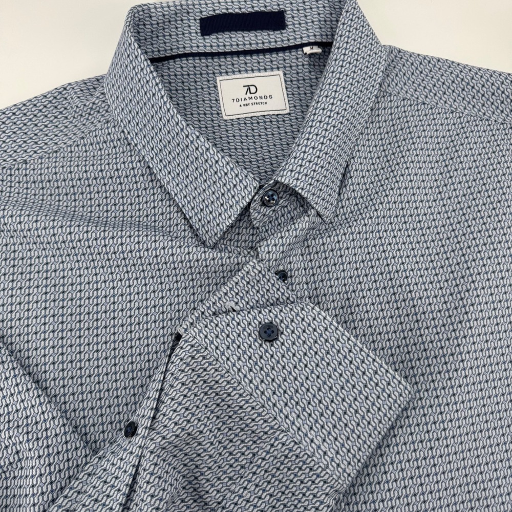7 Diamonds Landon Blue Grey Geometric 4-Way Stretch Button Down Shirt Mens M
